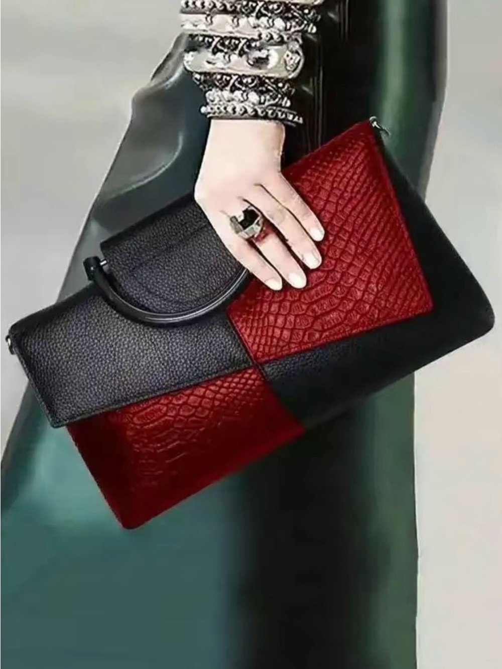 Elegant Two-Tone Black & Burgundy Patchwork Clutch
